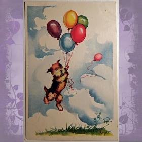 Открытка "Собака с воздушными шарами". Эстония. 1930 - 40 годы